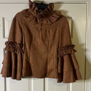 Brown Ruffled Suede like Cape Blouse